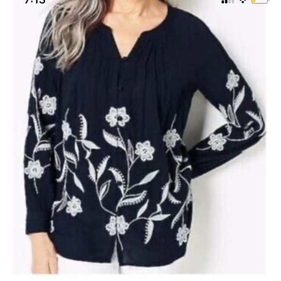 J Jill button up blouse embroidered gauze navy blue button up Large - Picture 1 of 9